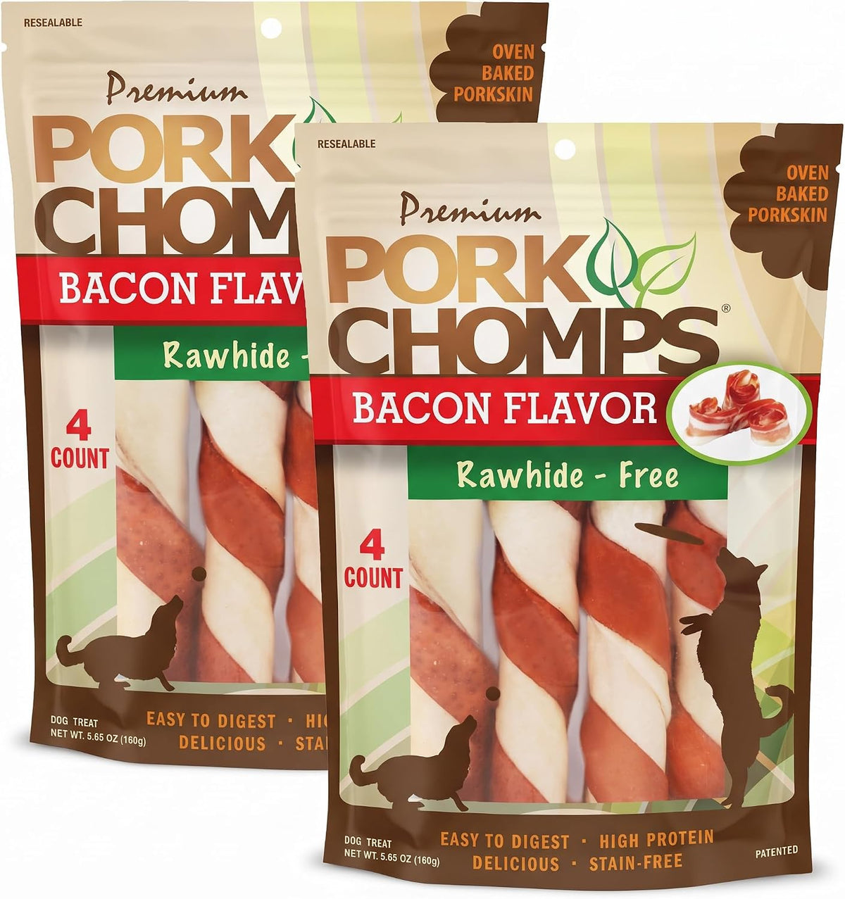 Pork Chomps Roasted Pork Skin Dog Chews, Long Lasting 6in Twists, 4 Count