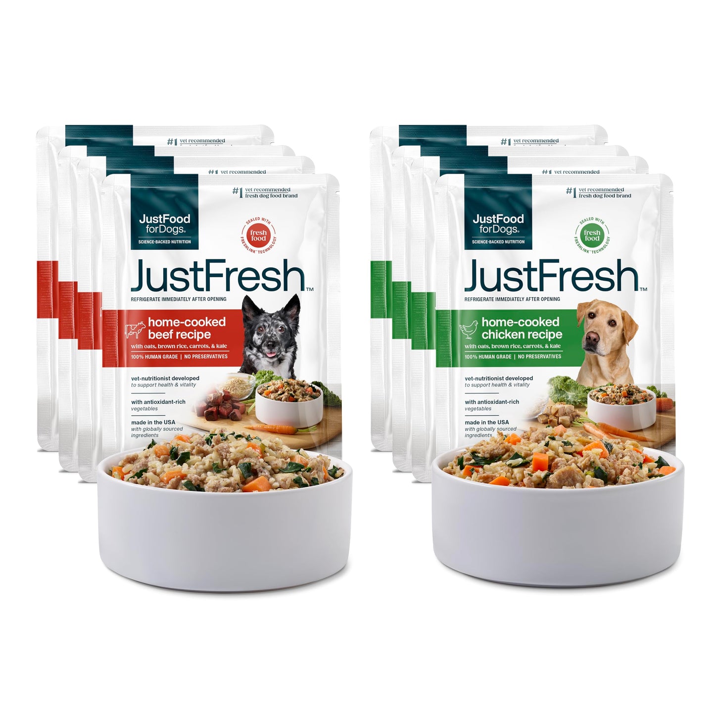 JustFoodForDogs JustFresh Wet Dog Food, Fresh Pet Meals and Toppers with No Preservatives, Resealable Package, Human Grade, Home-Cooked Chicken, 12 oz - 7 Pack