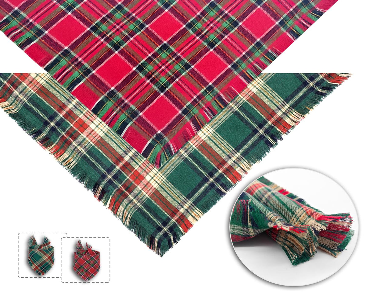 Christmas Dog Bandanas 2PCS-Large,Red-Green Plaid Scarf w/Tassels for Dogs