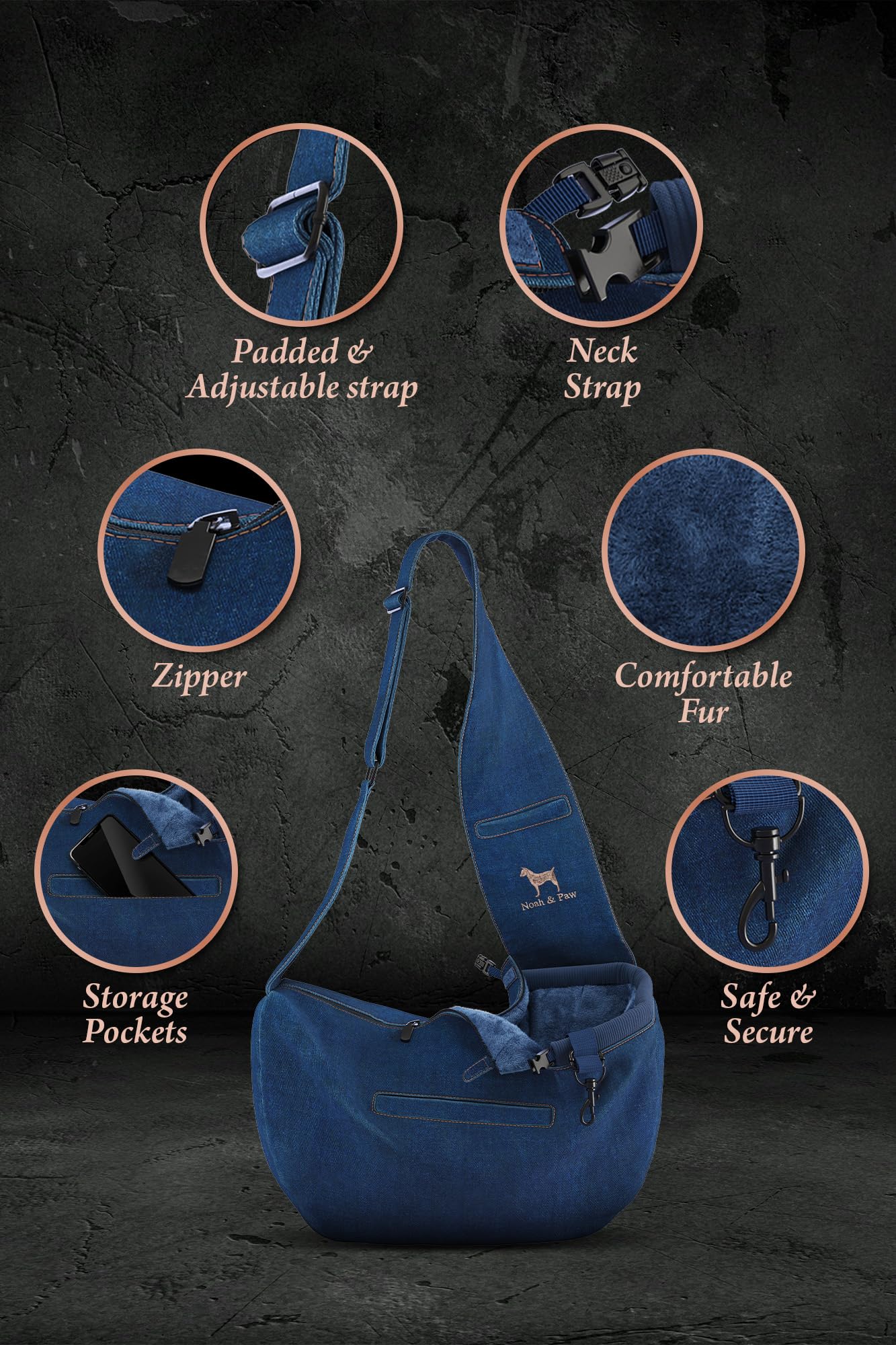 Noah & Paw Dog Sling Carrier for Small Dogs 5-18lb, Dog Sling for Small Dogs and Cats, Dog Carrier with Adjustable Padded Strap, Denim Lined with Fur, 3X Safety Features, Machine Washable