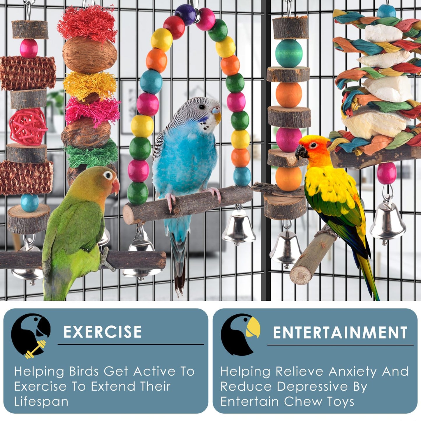 Bissap Bird Chew Toys, 7 Packs Parakeet Natural Wood Toys Parrot Hanging Cage Toy Perch Stand for Small Birds Conure Cockatiel Parrotlet Lovebird Budgie