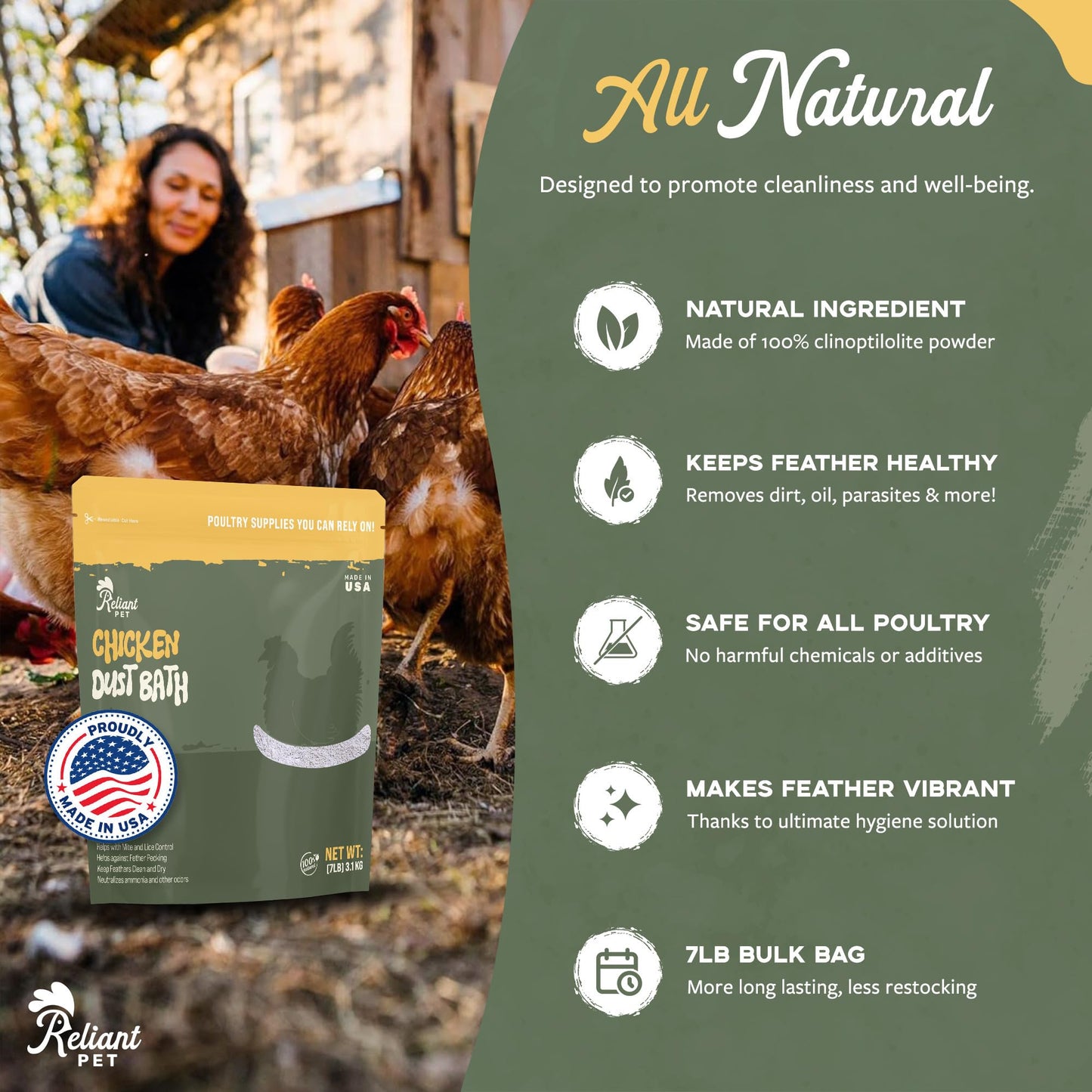 Reliant Pet Chicken Dust Bath - 7lbs, Made in USA Natural Dust Bath for Chickens - Ideal Chicken Dust for Bath Tub Mix - Poultry Dust Powder for Chicken Coop