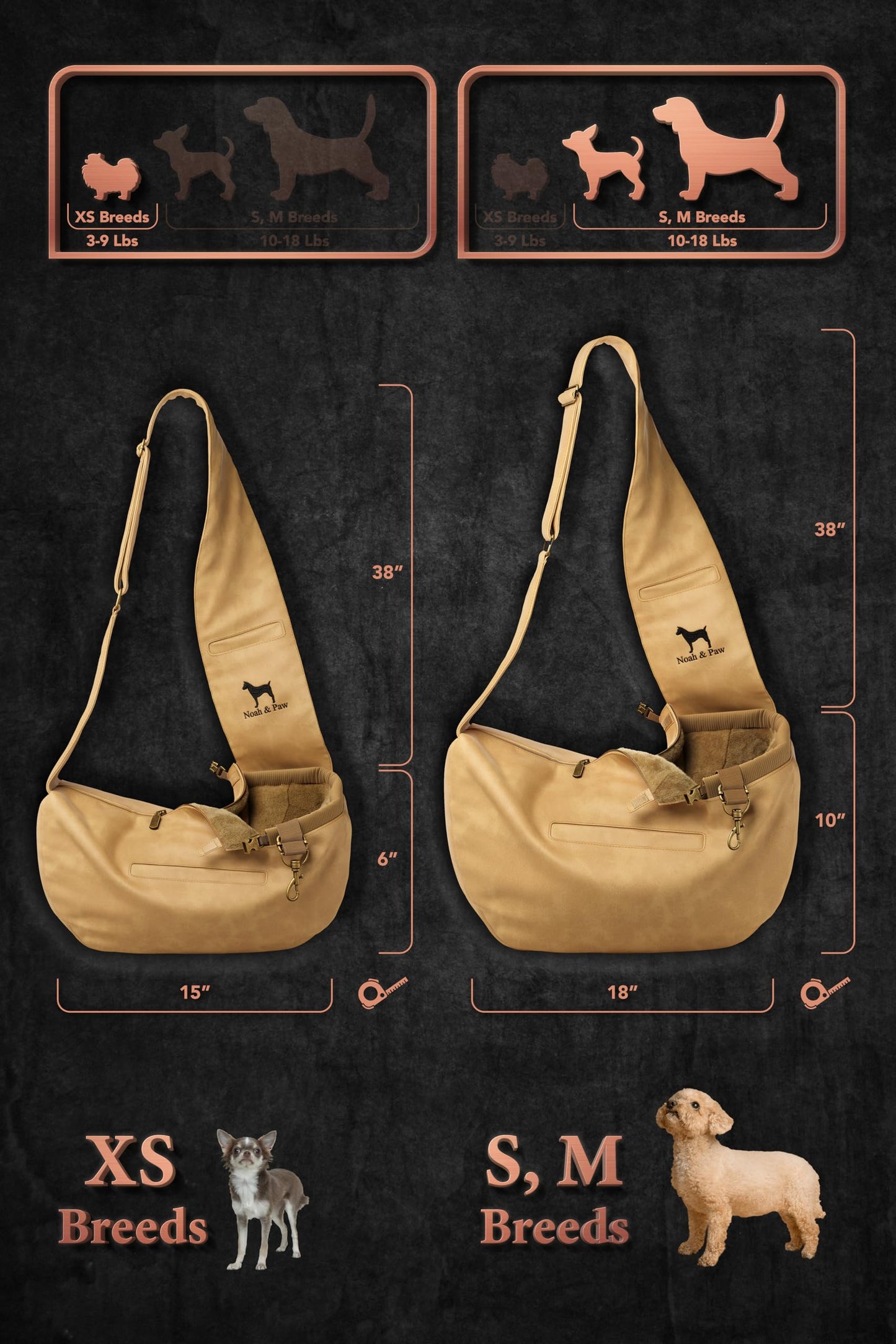 Noah & Paw Dog Sling Carrier for Small Dogs 5-18lb, Dog Sling for Small Dogs and Cats, Dog Carrier with Adjustable Padded Strap, Vegan Leather Lined with Fur, 3X Safety Features, Machine Washable