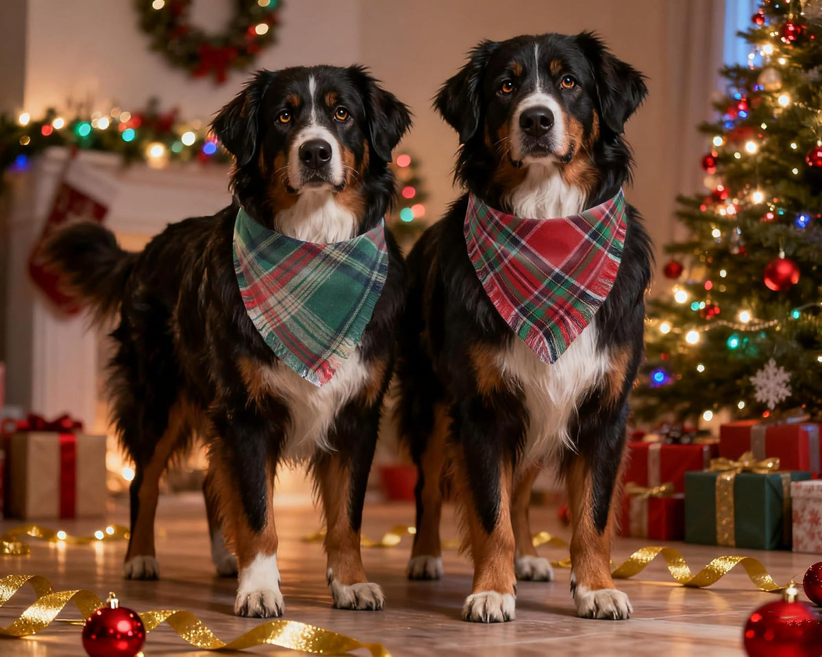 Christmas Dog Bandanas 2PCS-Large,Red-Green Plaid Scarf w/Tassels for Dogs