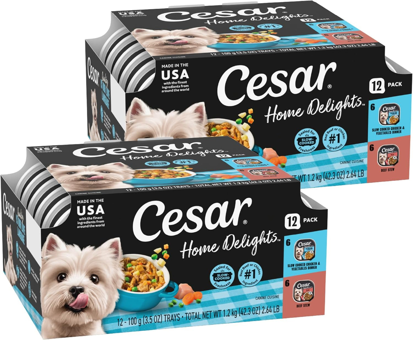 Cesar Home Delights Adult Wet Dog Food, Pot Roast with Spring Vegetables, Beef Stew, Turkey, Green Beans, & Potatoes, and Hearty Chicken & Noodle Dinner in Sauce Variety Pack, 3.5 oz. 24 Count