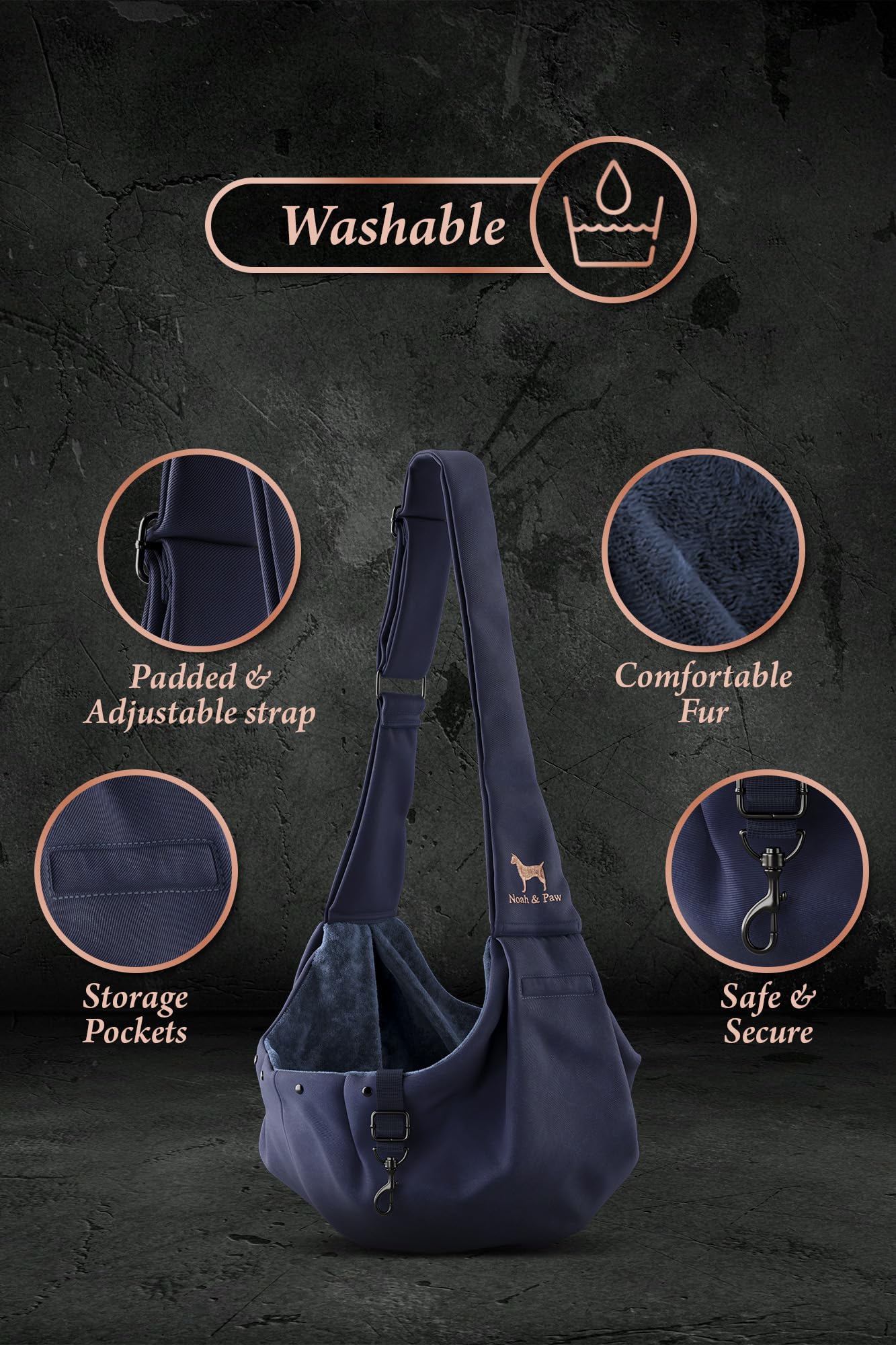 Noah & Paw Dog Sling Carrier for Small Dogs 5-18lb, Dog Sling for Small Dogs and Cats, Dog Carrier with Adjustable Padded Strap, Premium Twill, Lined with Fur, Double Safety Feature, Machine Washable