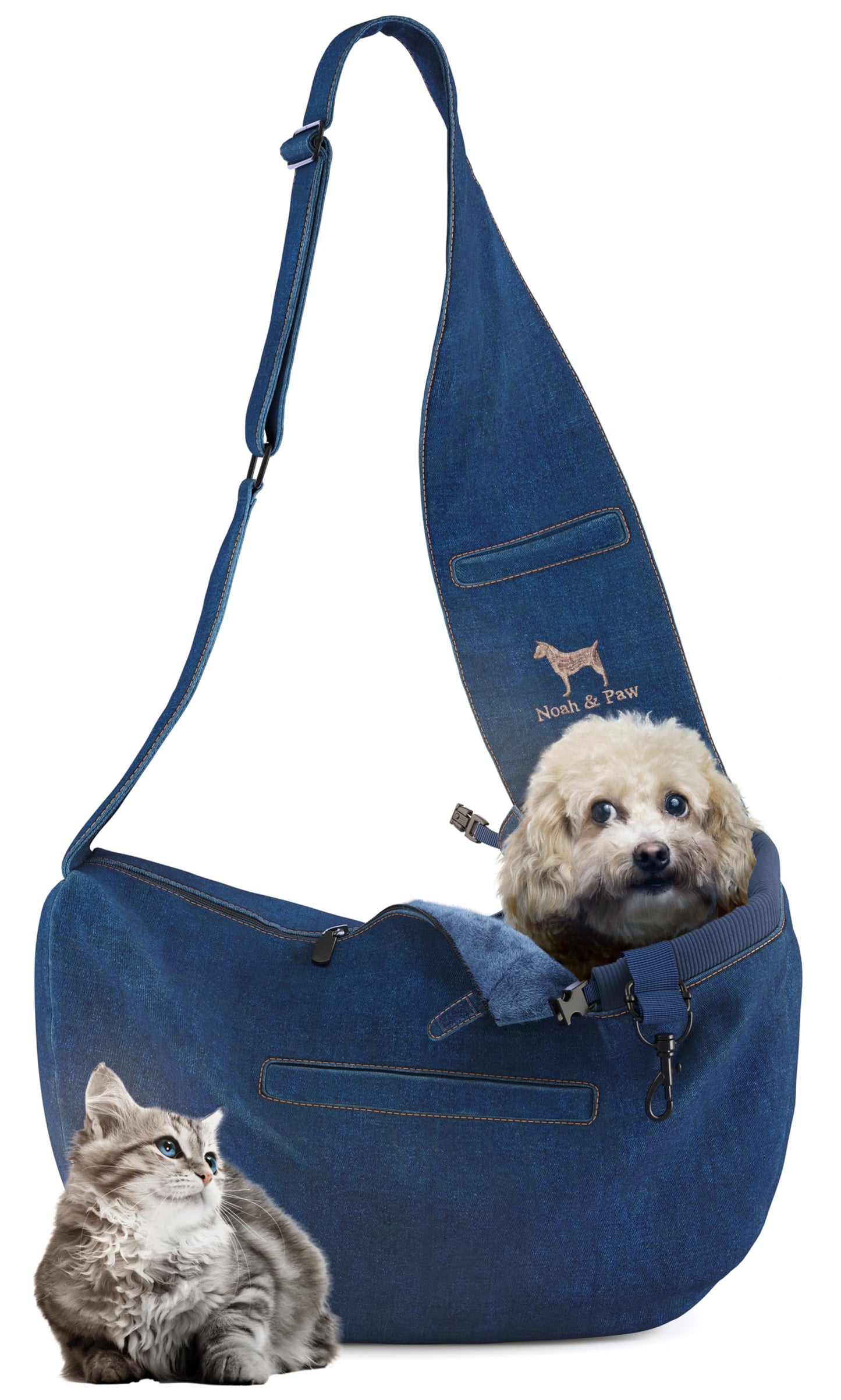 Noah & Paw Dog Sling Carrier for Small Dogs 5-18lb, Dog Sling for Small Dogs and Cats, Dog Carrier with Adjustable Padded Strap, Denim Lined with Fur, 3X Safety Features, Machine Washable