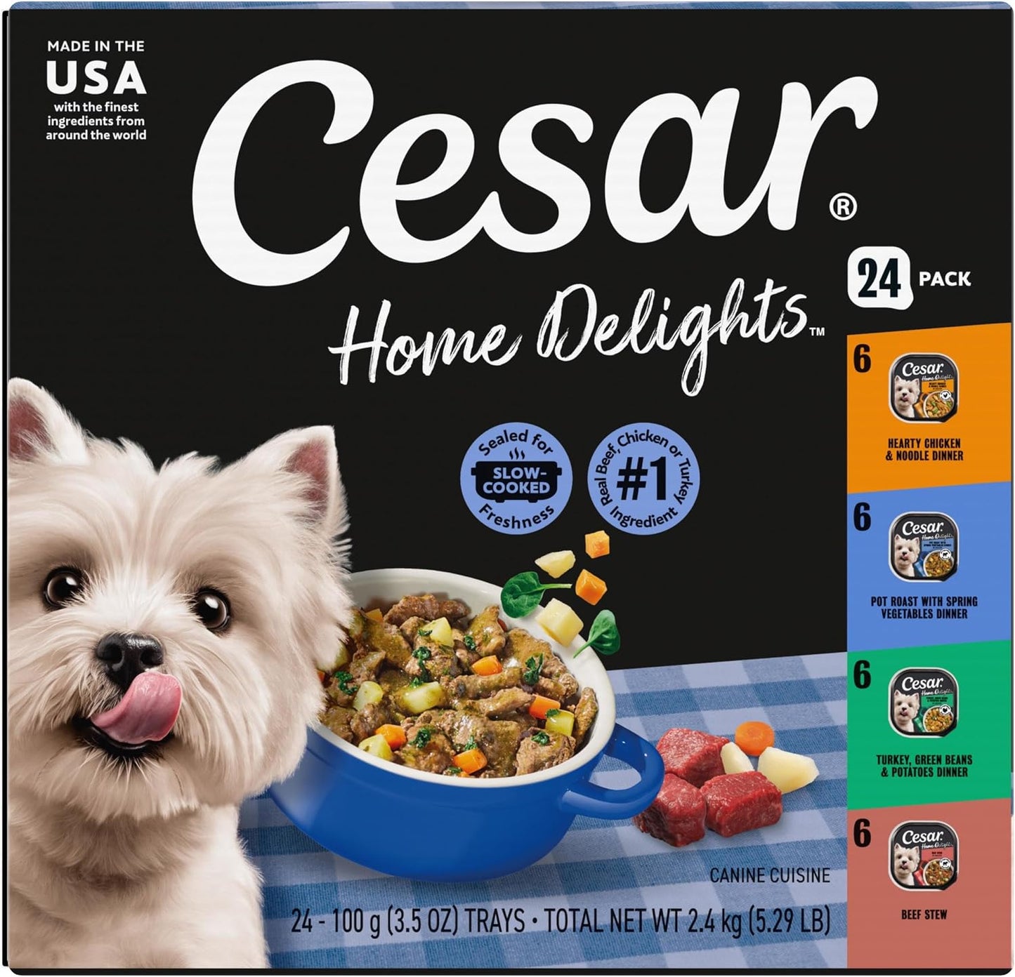 Cesar Home Delights Adult Wet Dog Food, Pot Roast with Spring Vegetables, Beef Stew, Turkey, Green Beans, & Potatoes, and Hearty Chicken & Noodle Dinner in Sauce Variety Pack, 3.5 oz. 24 Count