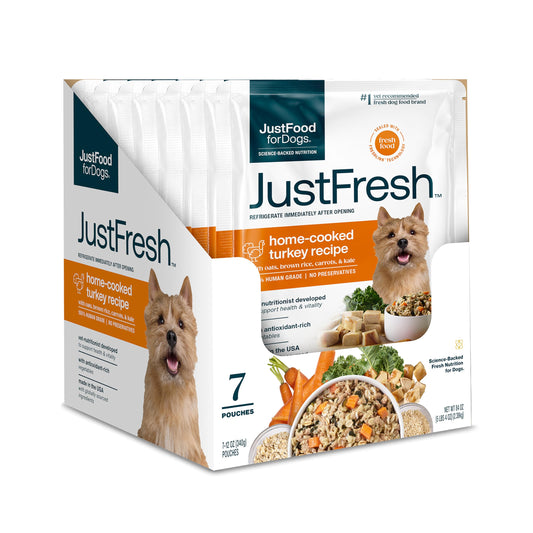 JustFoodForDogs JustFresh Wet Dog Food, Fresh Pet Meals and Toppers with No Preservatives, Resealable Package, Human Grade, Home-Cooked Chicken, 12 oz - 7 Pack