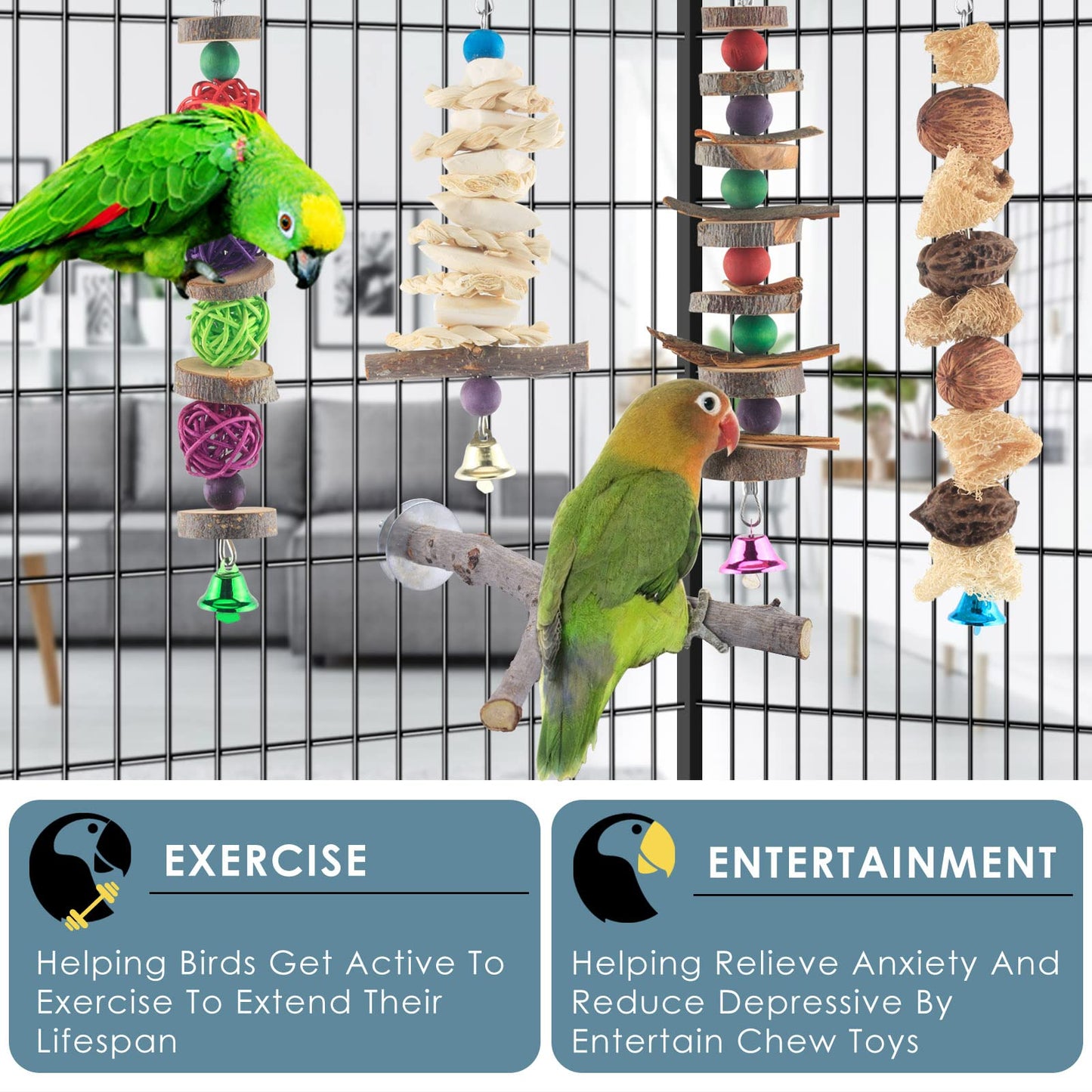 Bissap Bird Chew Toys, 7 Packs Parakeet Natural Wood Toys Parrot Hanging Cage Toy Perch Stand for Small Birds Conure Cockatiel Parrotlet Lovebird Budgie