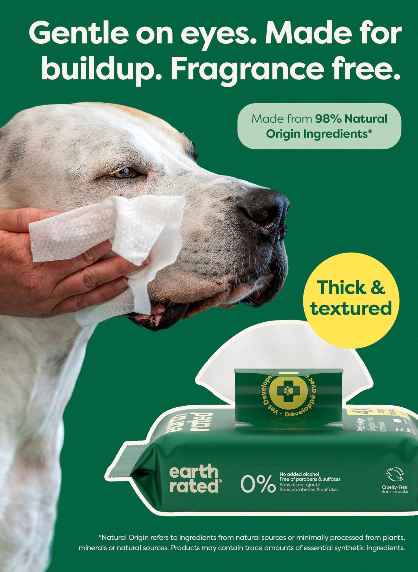Earth Rated Pet Wipes for Dogs and Cats, Hypoallergenic, 3-in-1 Cleaning, Deodorizing and Hydrating, for Grooming Paws, Body and Butt, Unscented, 100 Count