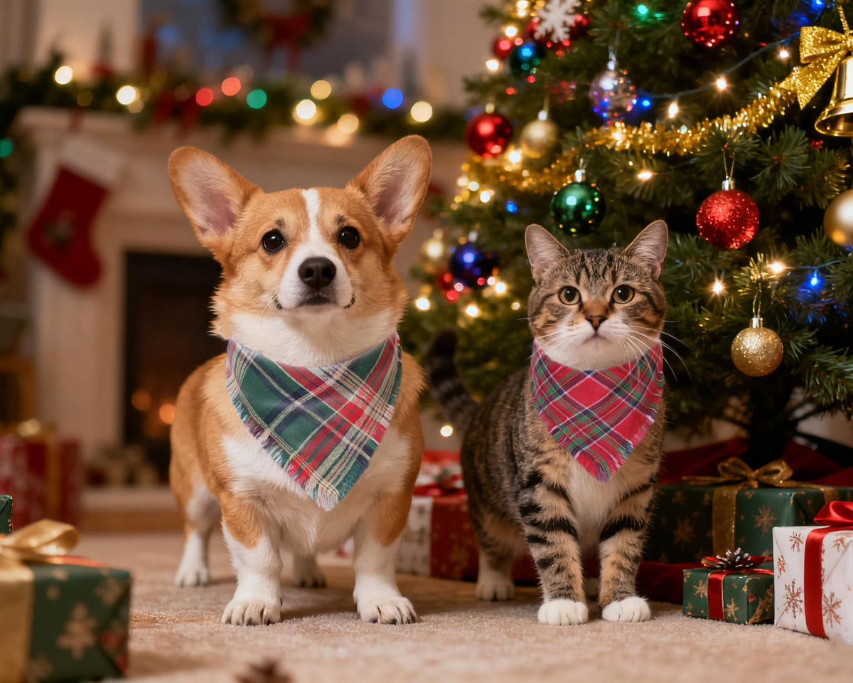 Christmas Dog Bandanas 2PCS-Large,Red-Green Plaid Scarf w/Tassels for Dogs