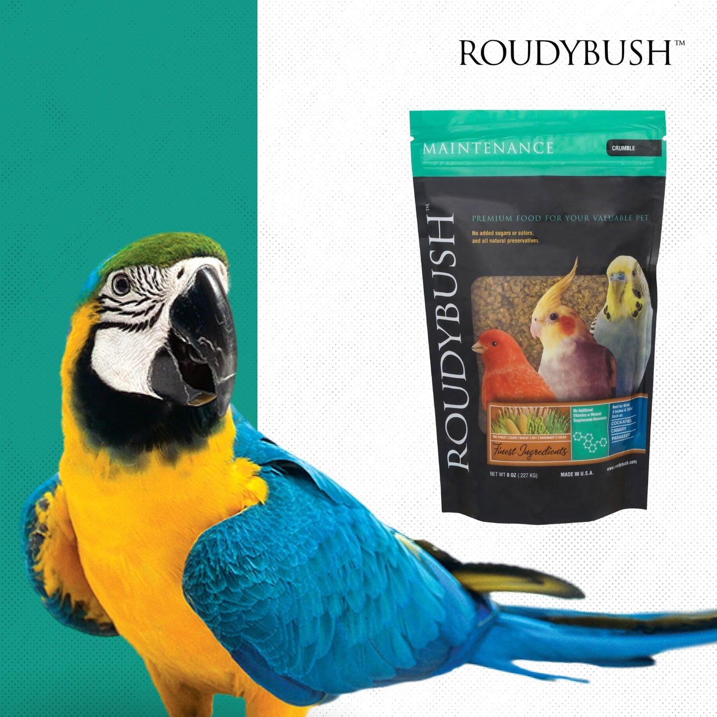 RoudyBush Daily Maintenance Food for Birds, Bird Food with Corn, Wheat & Soy, Complete Daily Feed for Parakeets, Cockatiels, Conures, Lovebirds & Other Small Medium Species, Crumble Pellets, 8 OZ