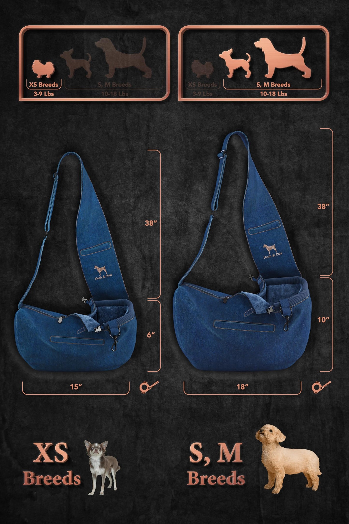 Noah & Paw Dog Sling Carrier for Small Dogs 5-18lb, Dog Sling for Small Dogs and Cats, Dog Carrier with Adjustable Padded Strap, Denim Lined with Fur, 3X Safety Features, Machine Washable