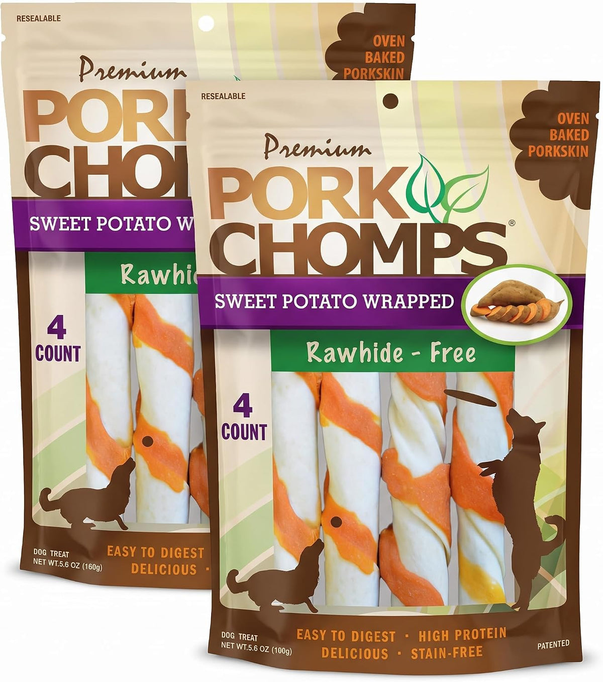 Pork Chomps Roasted Pork Skin Dog Chews, Long Lasting 6in Twists, 4 Count