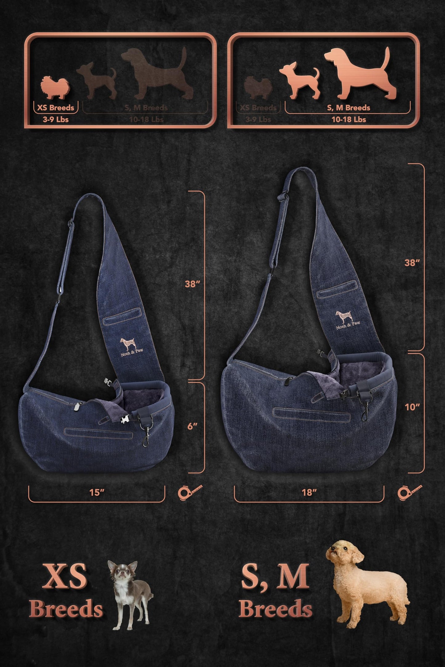 Noah & Paw Dog Sling Carrier for Small Dogs 5-18lb, Dog Sling for Small Dogs and Cats, Dog Carrier with Adjustable Padded Strap, Denim Lined with Fur, 3X Safety Features, Machine Washable