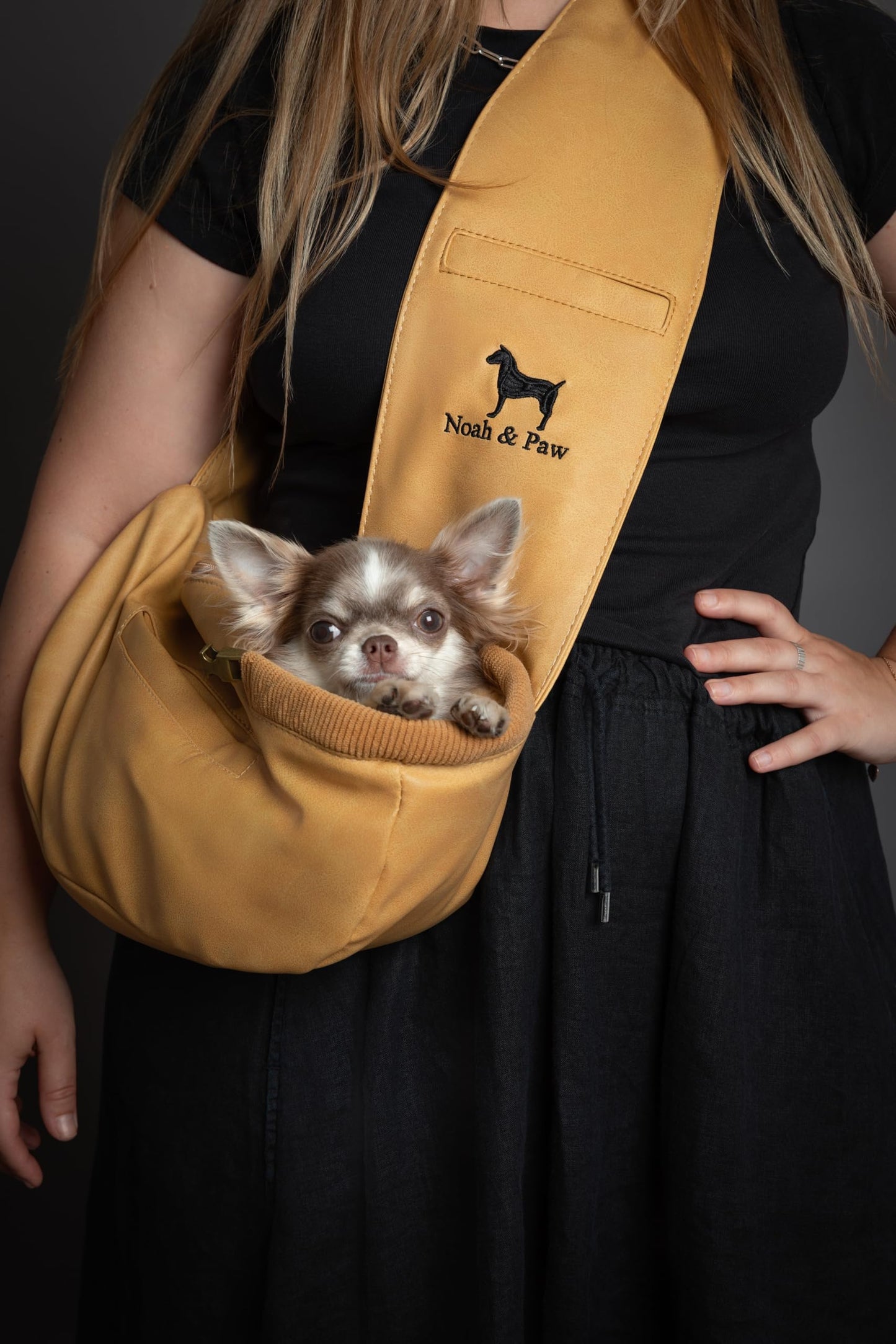 Noah & Paw Dog Sling Carrier for Small Dogs 5-18lb, Dog Sling for Small Dogs and Cats, Dog Carrier with Adjustable Padded Strap, Vegan Leather Lined with Fur, 3X Safety Features, Machine Washable