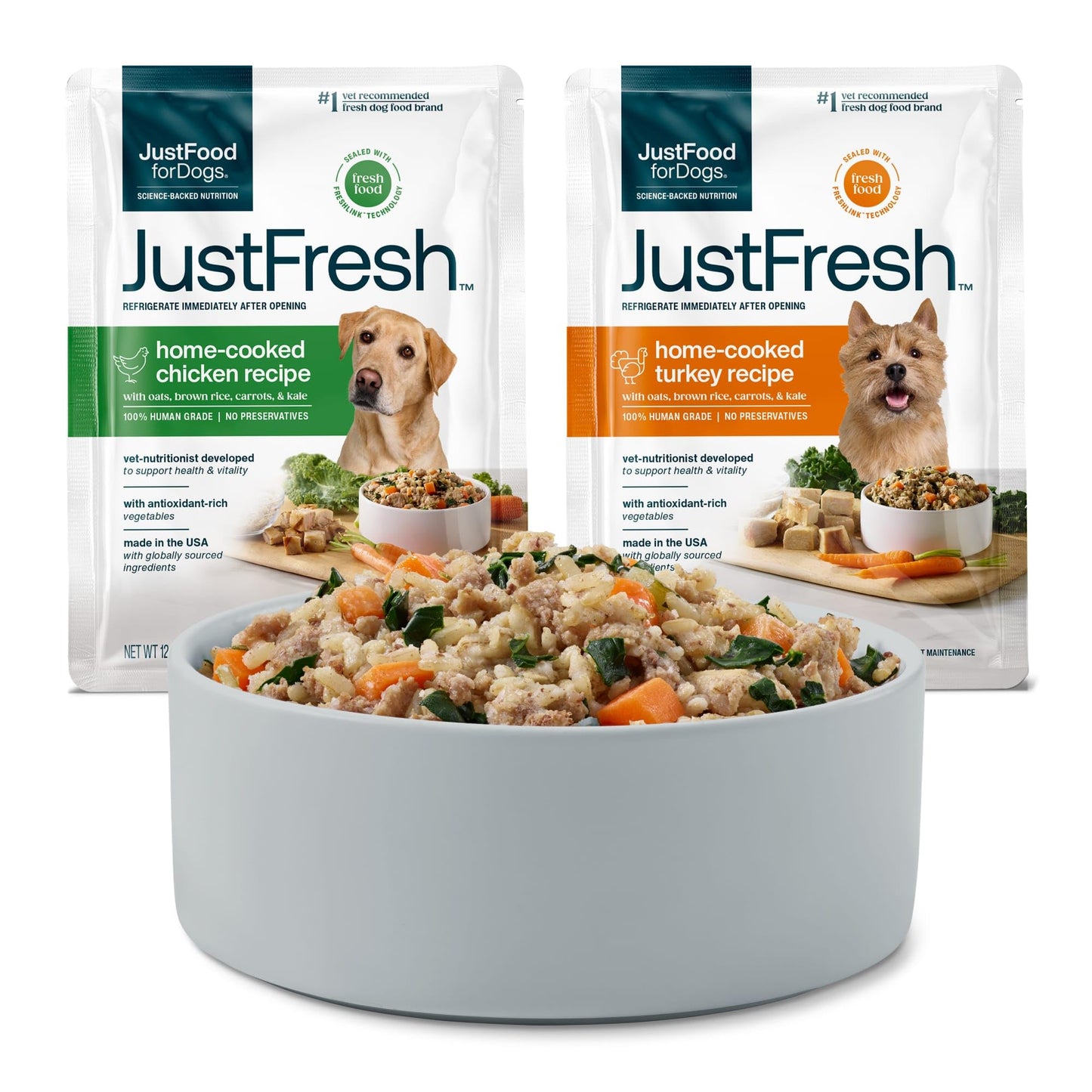 JustFoodForDogs JustFresh Wet Dog Food, Fresh Pet Meals and Toppers with No Preservatives, Resealable Package, Human Grade, Home-Cooked Chicken, 12 oz - 7 Pack