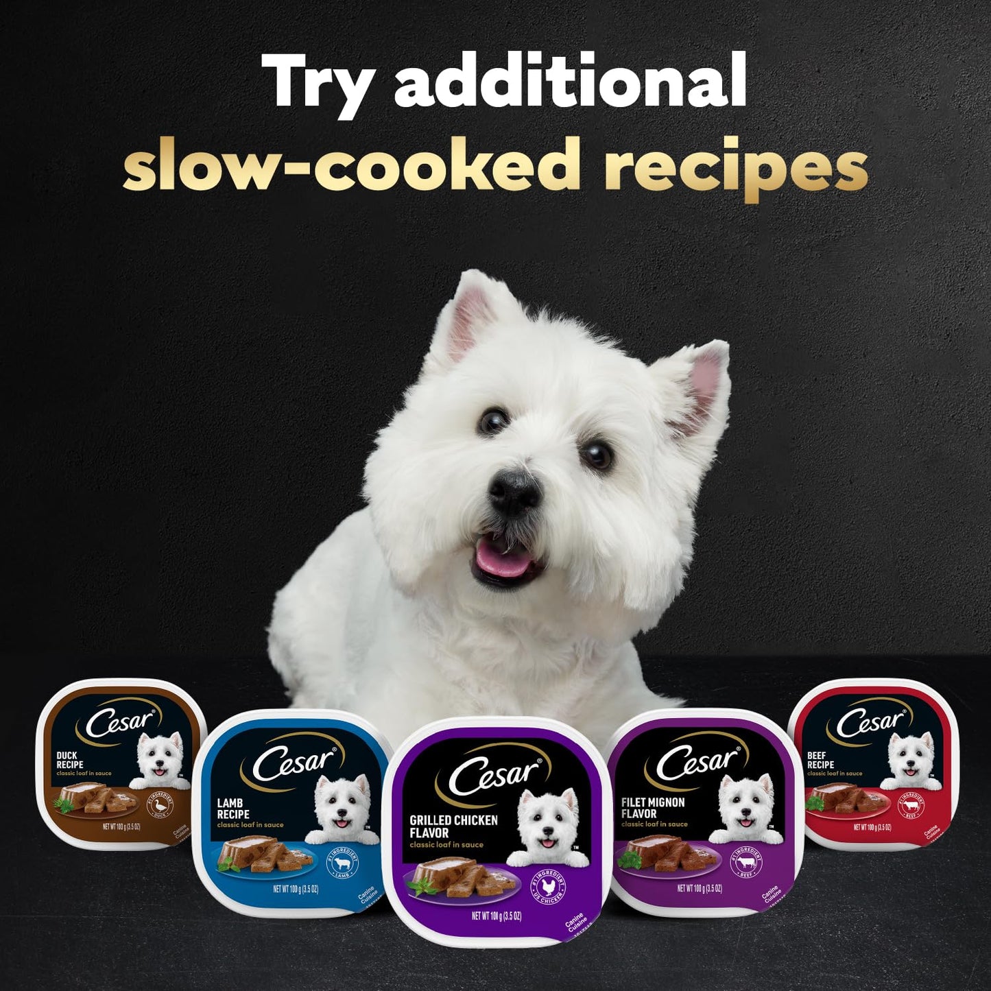 Cesar Classic Loaf in Sauce Wet Dog Food, Beef Recipe, Filet Mignon Flavor, Grilled Chicken Flavor, and Porterhouse Steak Flavor, 3.5 oz. Easy Peel Trays, Variety Pack (24 Count, Pack of 1)
