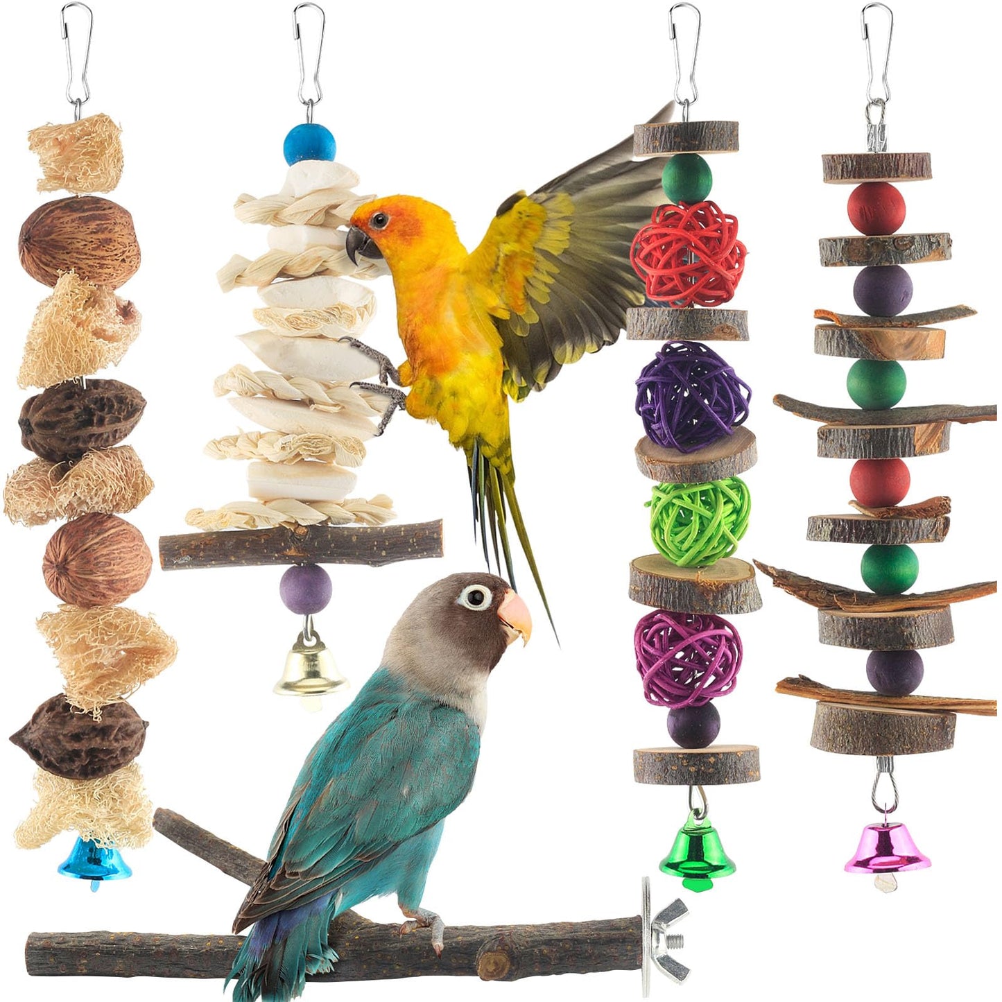 Bissap Bird Chew Toys, 7 Packs Parakeet Natural Wood Toys Parrot Hanging Cage Toy Perch Stand for Small Birds Conure Cockatiel Parrotlet Lovebird Budgie