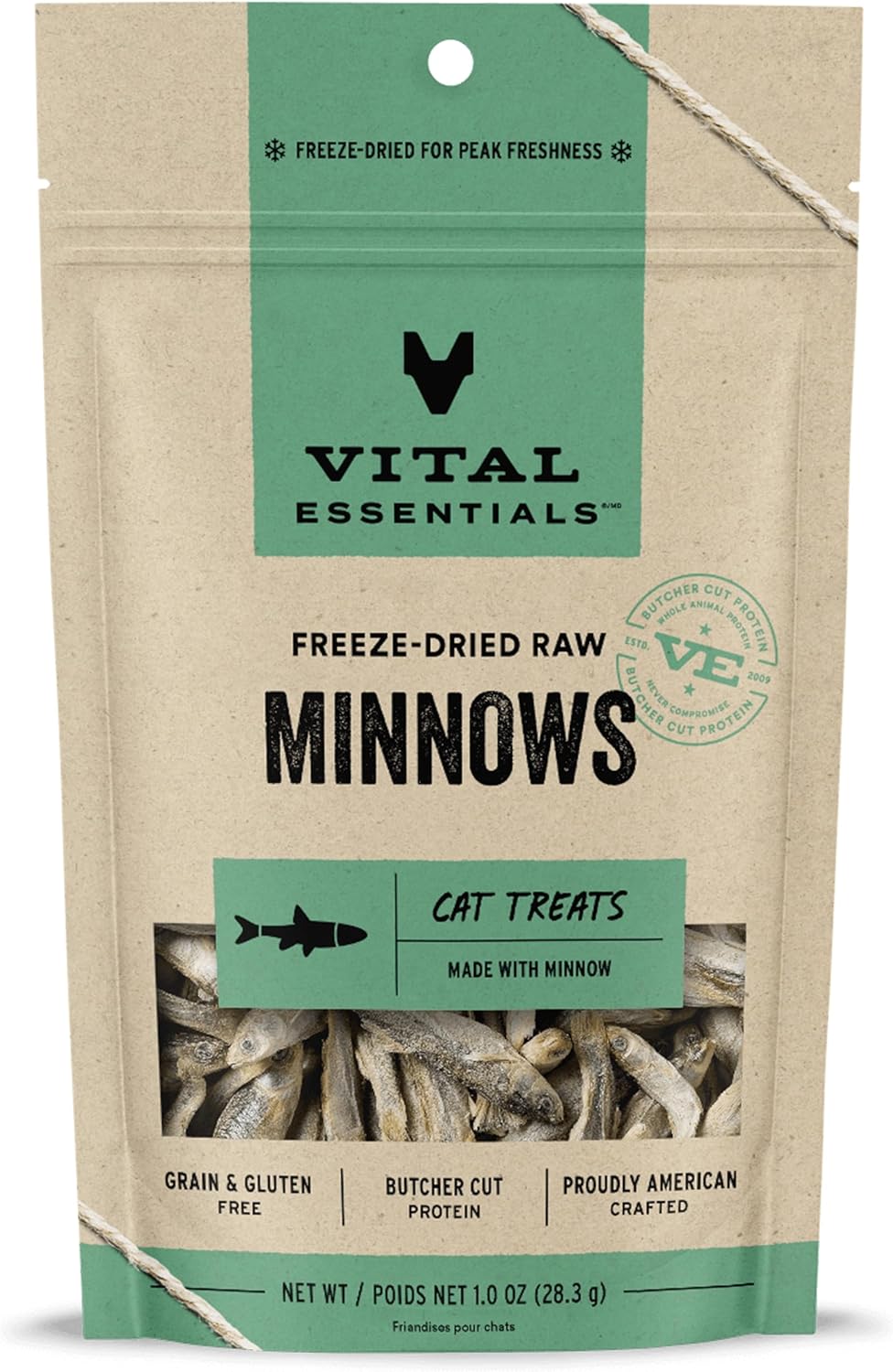 Vital Essentials Freeze Dried Minnows Cat Treats | Single Ingredient | Premium Quality | Grain Free, Healthy Treats for Cats, 1 oz Bag
