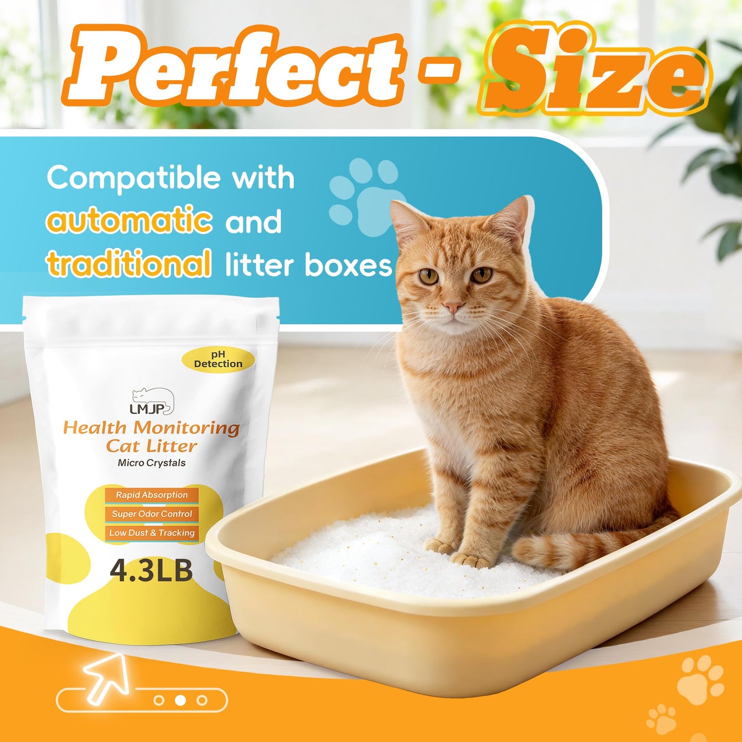 LMJP Crystal Cat Litter with Powerful Odor Control, Non-Clumping, Lasts Up to 2 Months, 8.6lb, Rapid Water Absorption, Unscented & Low Tracking Lightweight Blue & White Silica, 2 Pack of 4.3lb