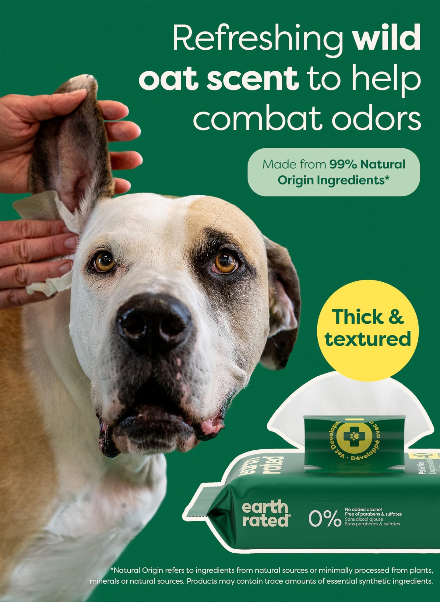 Earth Rated Pet Wipes for Dogs and Cats, Hypoallergenic, 3-in-1 Cleaning, Deodorizing and Hydrating, for Grooming Paws, Body and Butt, Unscented, 100 Count