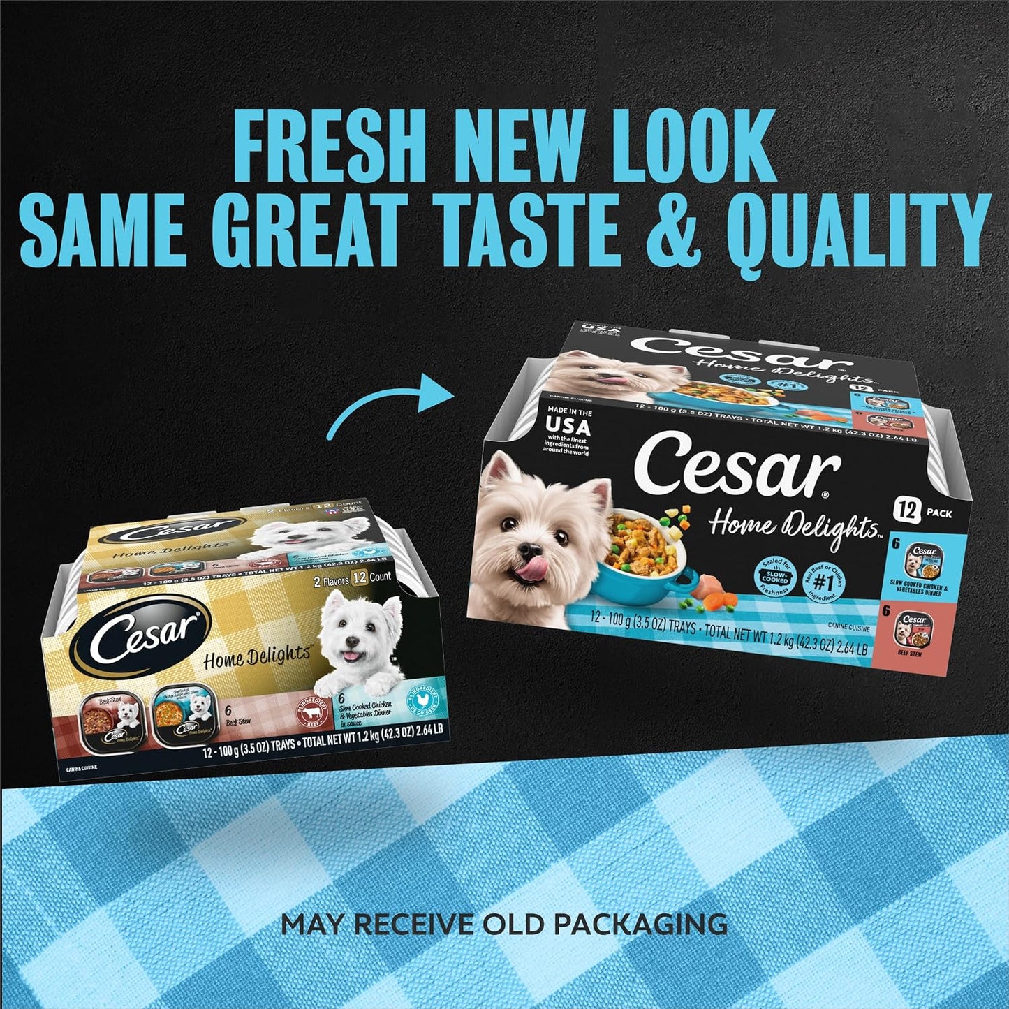 Cesar Home Delights Adult Wet Dog Food, Pot Roast with Spring Vegetables, Beef Stew, Turkey, Green Beans, & Potatoes, and Hearty Chicken & Noodle Dinner in Sauce Variety Pack, 3.5 oz. 24 Count