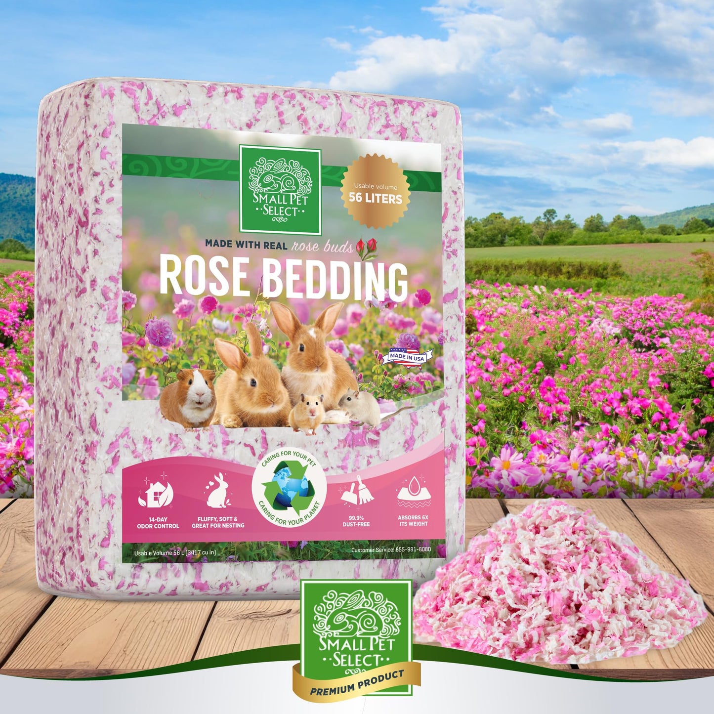 Small Pet Select Rose Bedding, Paper Bedding with Real Rose, Soft Animal Bedding with Odor Control for Guinea Pig, Rabbit, Hamster, or Bunny, Cage Accessories, Made in USA, 56L