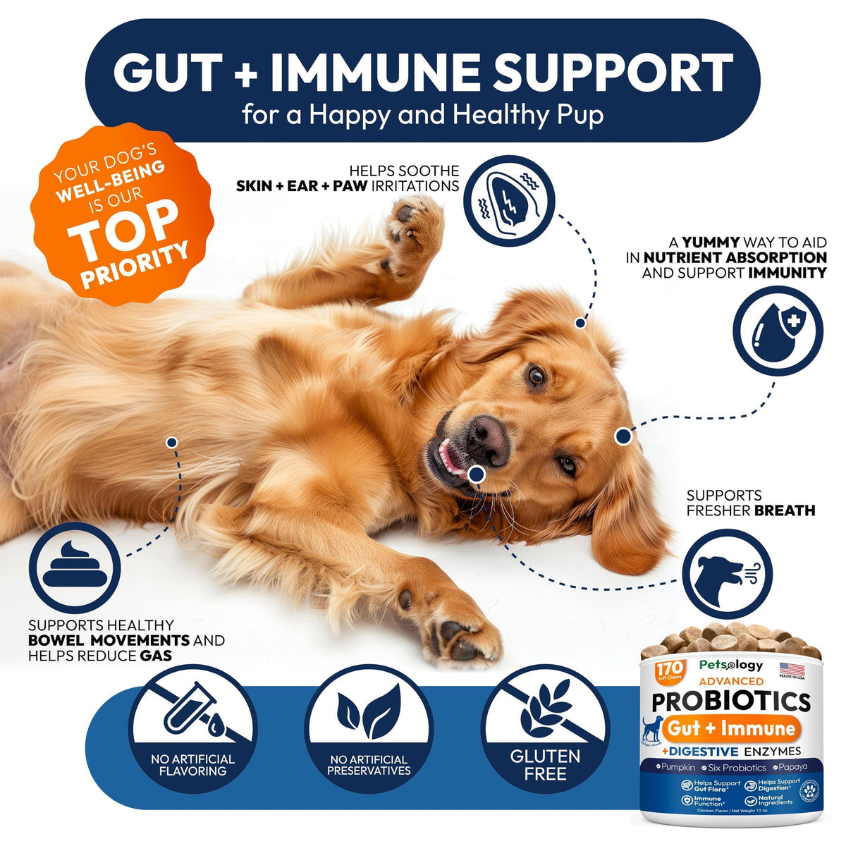 Probiotics for Dogs 170 Chews Digestive Enzymes & Prebiotics Gut Health