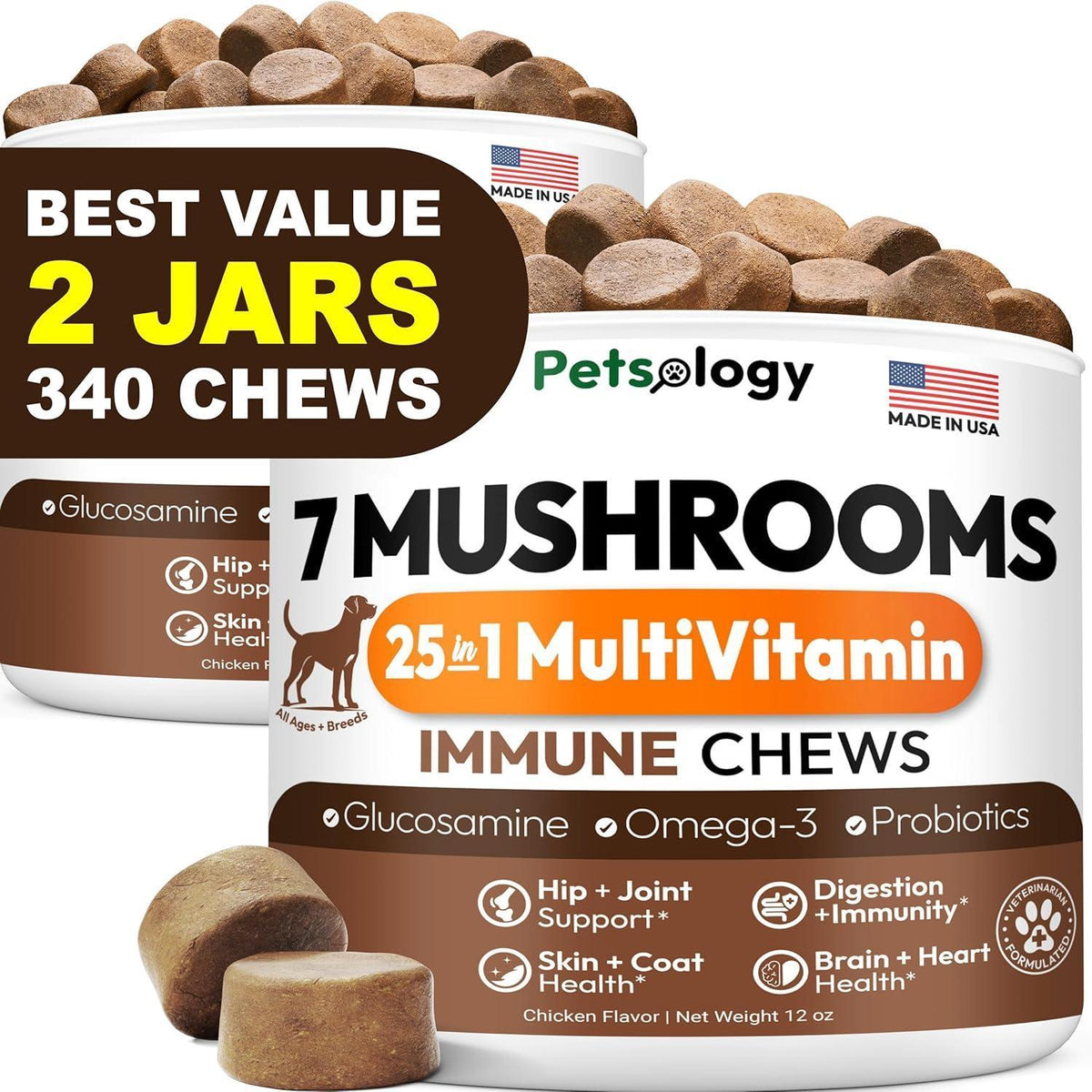 Mushroom Chews for Dogs 340 Count 2-Pack Turkey Tail Lion's Mane Shiitake & Reishi